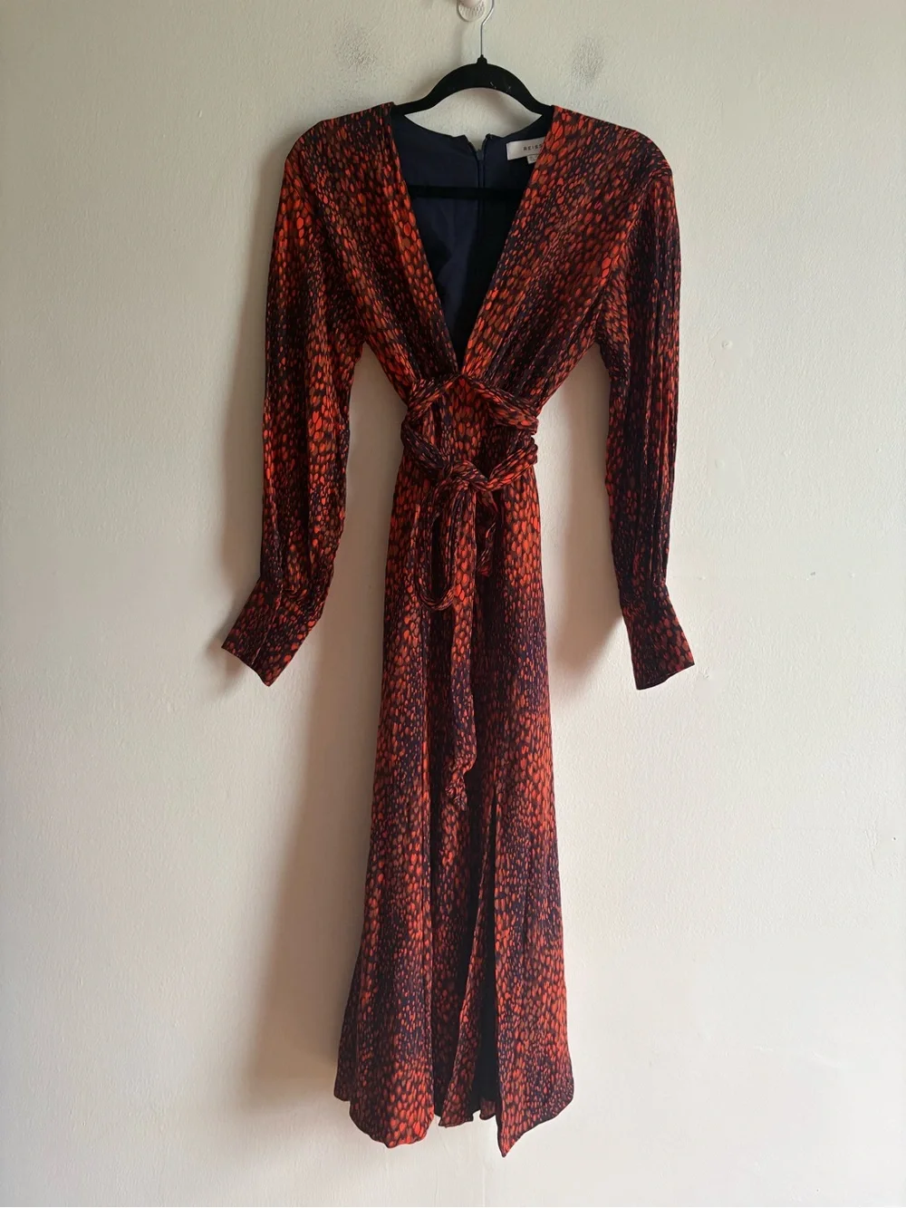 Reiss Sz 2 Maya Red Blue Printed Abstract Tie Waist Midi Dress - Picture 2 of 14